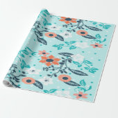 Oranje Blauw-Floral-rappelpapier Cadeaupapier (Uitgerold)