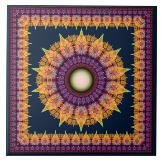 Oranje blauw fractaal omgevormd ornament tegeltje (Voorkant)