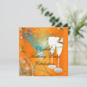 Oranje Blauw Goud Verjaardagsfeest Champagne Kaart (Staand voorkant)