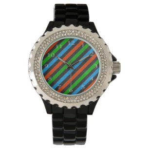 Oranje, blauw, groen, zwart glitter Striped STaylo Horloge