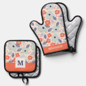 Oranje & blauw modern ventilatorpatroon ovenwant & pannenlap set (Voorkant / Achterkant)