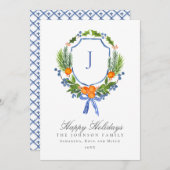 Oranje blauw-monogram winterfeest feestdagenkaart (Voorkant / Achterkant)