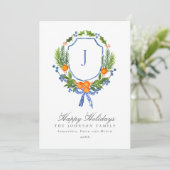 Oranje blauw-monogram winterfeest feestdagenkaart (Staand voorkant)