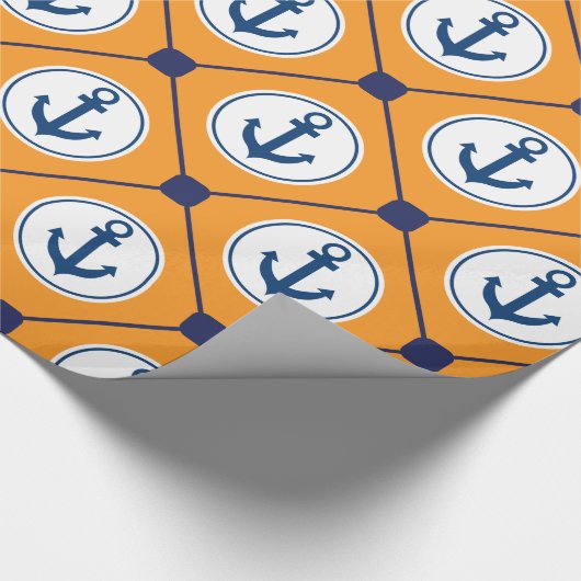 Oranje blauw Nautical Anchor Patroon Cadeaupapier (Hoek)