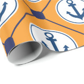 Oranje blauw Nautical Anchor Patroon Cadeaupapier (Rol Hoek)
