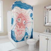 Oranje Blauw Octopus Kraken  Kaart Nautisch Douchegordijn (In situ)