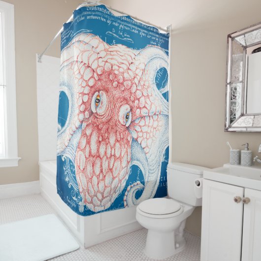 Oranje Blauw Octopus Kraken  Kaart Nautisch Douchegordijn (In situ)