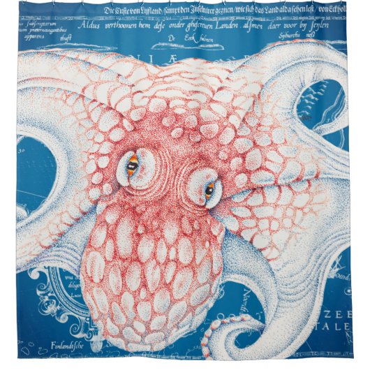 Oranje Blauw Octopus Kraken  Kaart Nautisch Douchegordijn (Voorkant)