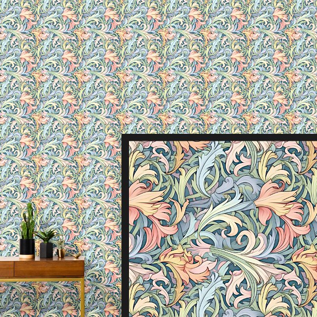 Oranje Blauw op Groene Art Nouveau Behang (Creator heeft geüpload)