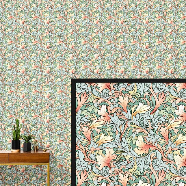 Oranje Blauw op Groene Art Nouveau Behang (Creator heeft geüpload)