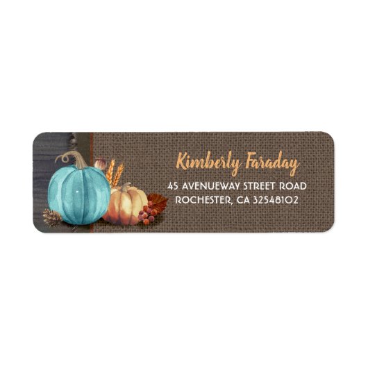 Oranje blauw pompoen Rustic Herfst Party Label (Voorkant)