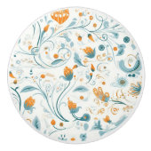 Oranje blauw retro bloemenpatroon keramische knop (Voorkant)
