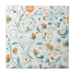 Oranje blauw retro bloemenpatroon tegeltje<br><div class="desc">Witte achtergrond. Versierd met oranje bloemen en blauw gebladerte,  retro folkart stijl</div>