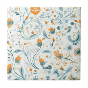 Oranje blauw retro bloemenpatroon tegeltje