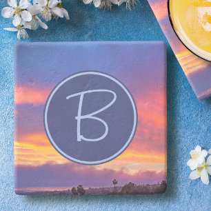 Oranje Blauw Roze Wolken Zonsondergang Monogram In Stenen Onderzetter