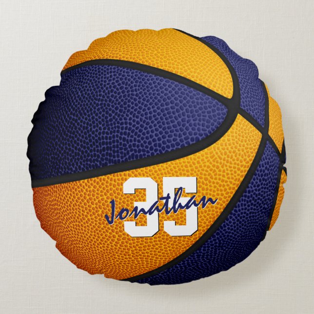 oranje blauw schoolkleuren jongens basketbal rond kussen (Voorkant)