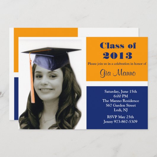 Oranje & blauw Uitnodiging van het Afstuderen van  (Voorkant / Achterkant)