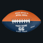 Oranje blauw wit Football Naam, Aantal, Team<br><div class="desc">Creëer uw eigen sinaasappel zwart wit Football met Naam, Aantal, de Naam van het Team, Slogan en Jaar. Pas deze eenvoudige klassieke sjabloon van het football met uw douanebericht, naam, teamnaam en jaar aan. Eenvoudig personaliseer het voor een coole sportkeepasis. Creëer je unieke persoonlijke cadeau voor coach, jongensverjaardag, football speler,...</div>