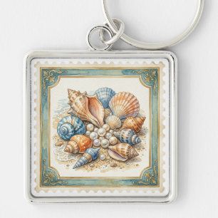 ORANJE BLAUW WIT TROPISCHE SCHELPEN SLEUTELHANGER