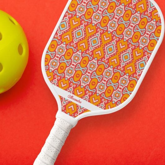 Oranje blauwboho Ikat Patroon Persoonlijke tekst Pickleball Paddle