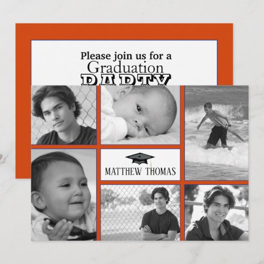 Oranje & blauwe Afstudeerder uitnodiging, steen 5  Kaart (Voorkant / Achterkant)