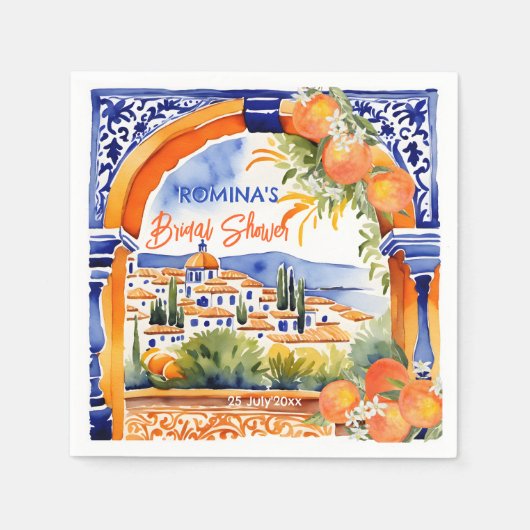 Oranje blauwe azulejo talavera tegels bruidsdouche servet (Voorkant)