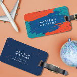 Oranje blauwe Blauwgroen trillende moderne buiklij Bagagelabel<br><div class="desc">Trendy en modern bagagelabel met levendige, dikke markeerslagen in oranje blauw en blauwgroen met kleine stukjes oranje en blauwgroen op de voorkant en met een blauwe achterkant met kleine stukjes oranje en blauwgroen. Pas het aan door de placeholder tekst te vervangen. Voor meer opties zoals het veranderen van de doopvont...</div>