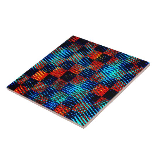 Oranje, blauwe geruite, nep vuile of bevlekte. tegeltje (Zijkant)