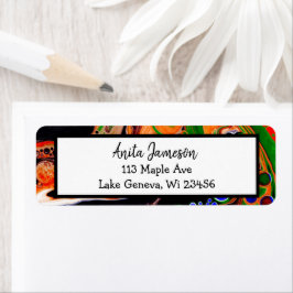 Oranje, blauwe, groene, zwarte digitale vloeiende  etiket