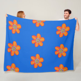 Oranje blauwe kunstbloemen fleece deken