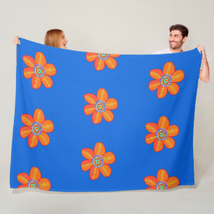 Oranje blauwe kunstbloemen fleece deken