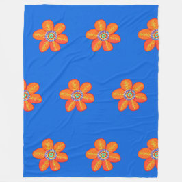 Oranje blauwe kunstbloemen fleece deken