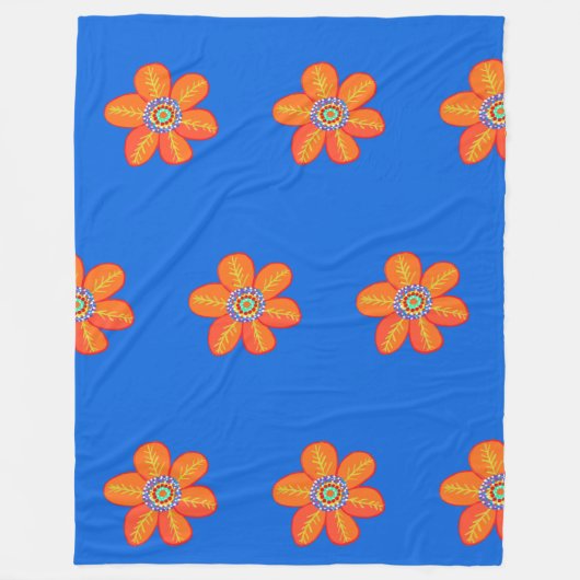 Oranje blauwe kunstbloemen fleece deken (Voorkant)