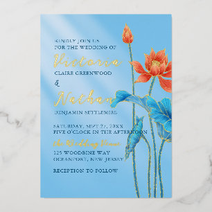 Oranje & Blauwe Lotus Bloemen Bladeren Bruiloft Folie Uitnodiging