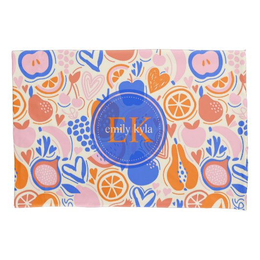 Oranje Blauwe Monogram Groenten Kussensloop (Voorkant)