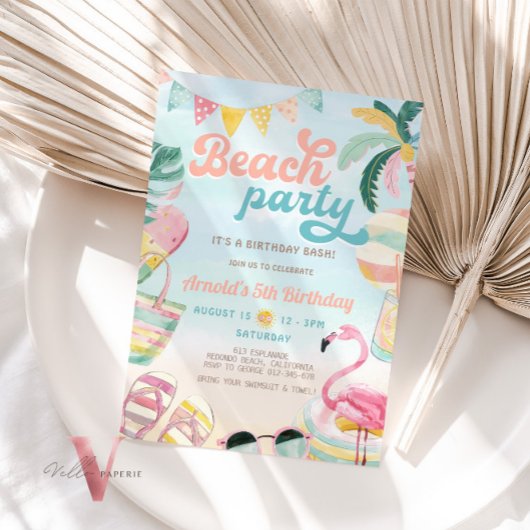 Oranje Blauwe Schattige Strand Verjaardagsfeestje  Kaart