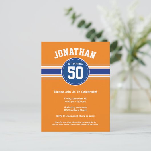 Oranje Blauwe Sport Verjaardagsfeestuitnodiging Briefkaart (Staand voorkant)