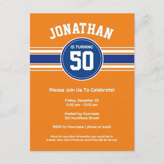 Oranje Blauwe Sport Verjaardagsfeestuitnodiging Briefkaart (Voorkant)