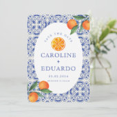 Oranje Blauwe tegel Mediterraan Huwelijk QR Code Save The Date (Staand voorkant)