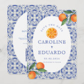 Oranje Blauwe tegel Mediterraanse Huwelijk QR Code Save The Date (Voorkant / Achterkant)