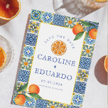Oranje Blauwe tegel Mediterraanse Huwelijk QR-code Save The Date<br><div class="desc">Waterverf Oranje Citrus Italiaanse Blauwe tegel Mediterraan</div>
