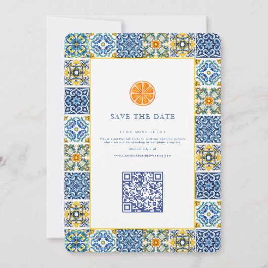 Oranje Blauwe tegel Mediterrane Huwelijk QR Code Save The Date (Achterkant)