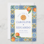 Oranje Blauwe tegel Mediterrane Huwelijk QR Code Save The Date (Voorkant)