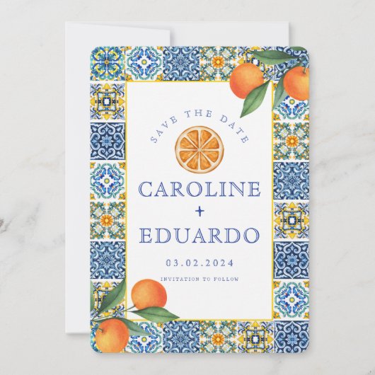 Oranje Blauwe tegel Mediterrane Huwelijk QR Code Save The Date (Voorkant)