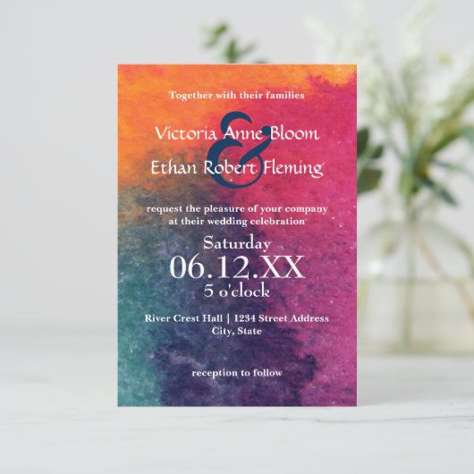 Oranje Blauwe Waterverf - 3x5 bruiloft uitnodiging (Staand voorkant)