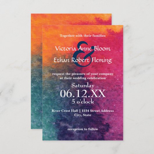 Oranje Blauwe Waterverf - 3x5 bruiloft uitnodiging (Voorkant / Achterkant)