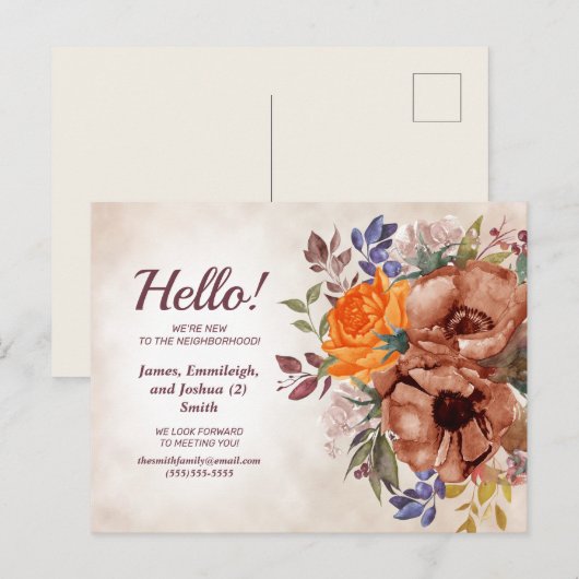 Oranje Blauwe Waterverf Floral nieuwe buurman Aankondigingskaart (Voorkant / Achterkant)