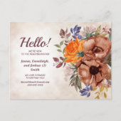 Oranje Blauwe Waterverf Floral nieuwe buurman Aankondigingskaart (Voorkant)