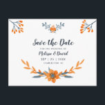 Oranje blauwe Waterverf Floral Romantic Wedding Aankondigingskaart<br><div class="desc">Met een mooie hand geschilderde waterverf floralen in trendy oranje en blauwe tinten vormen deze trouwsuite. Deze aanpasbare bruiloft is perfect voor een lente, zomer of herfst buitenshuis of voor een onberispelijke bruiloft, behalve dat de datum waarop het briefkaart verfijnd en bohemisch is. Deel van de "Oranje Blue Waterverf Floral...</div>