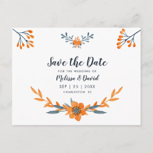 Oranje blauwe Waterverf Floral Romantic Wedding Aankondigingskaart